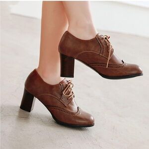 Women’s Brown Faux Leather High Heel Oxfords Ankle Coquette Booties Size 10/11